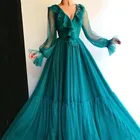 Sevintage темно-зеленые пунктирной линии Выпускные платья с длинным рукавом, женские вечерние платья трапециевидной формы гофрированные манжетки; Аппликации вечернее платье 2021