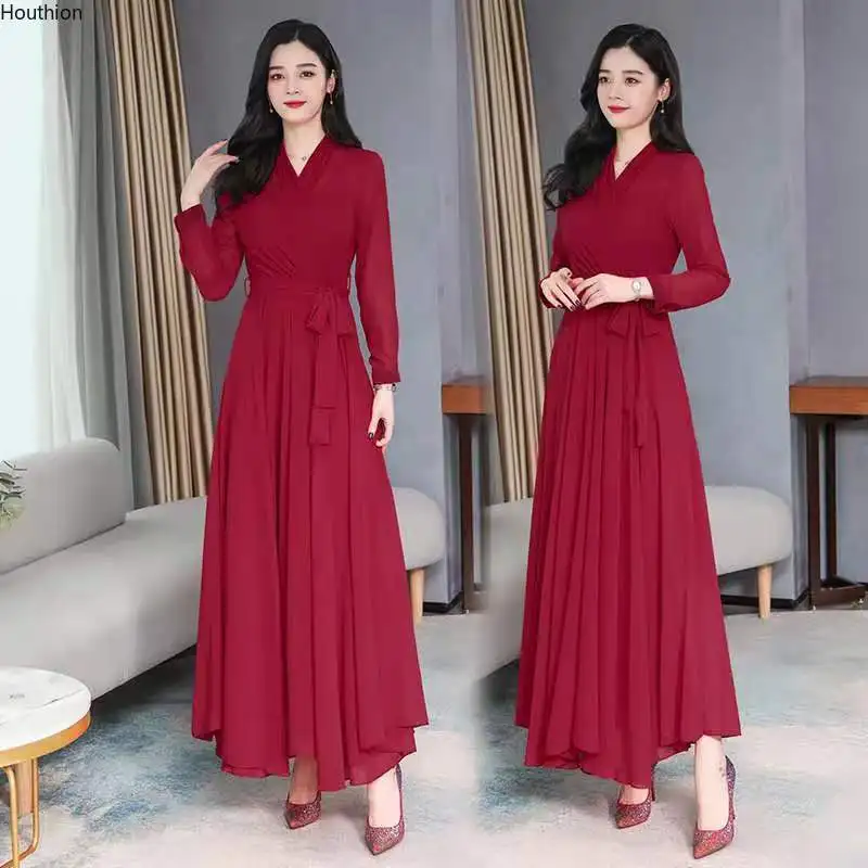 

Houthion Women's Dresses Solid Long Dress Loose Plus Size Bohemia New Draw Back Casual Fashion Chiffon A-LINE Mid-Calf