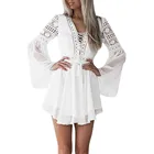 Женское однотонное платье с длинным рукавом, Элегантное повседневное белое пляжное платье мини с V-образным вырезом и кружевом, модель 2021 на лето