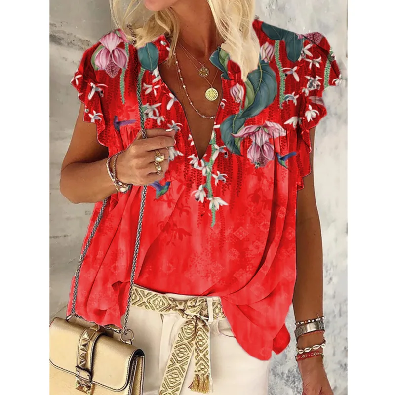 

Fashion V-Neck Ruffle Short Sleeve T-Shirt Ladies Loose Floral Print Tops Female Plus Size Tops Summer Clothes For Women 64#