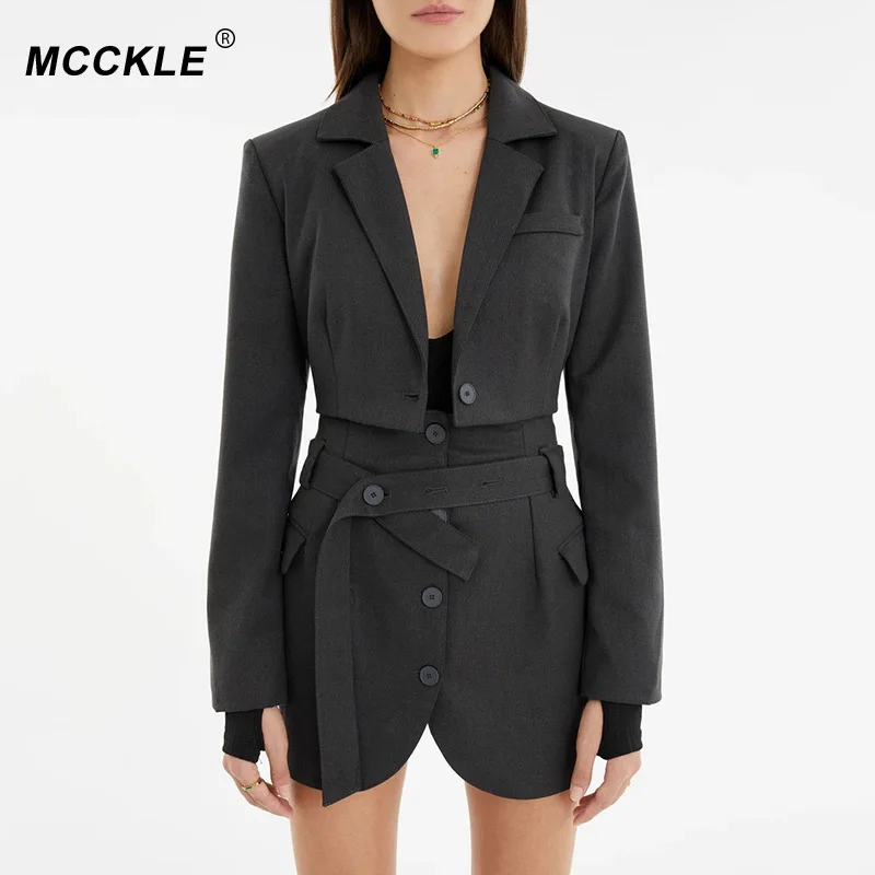 

Женский однотонный костюм с юбкой-блейзером, укороченные блейзеры с отложным воротником и длинным рукавом, бандажные мини-юбки с высокой та...