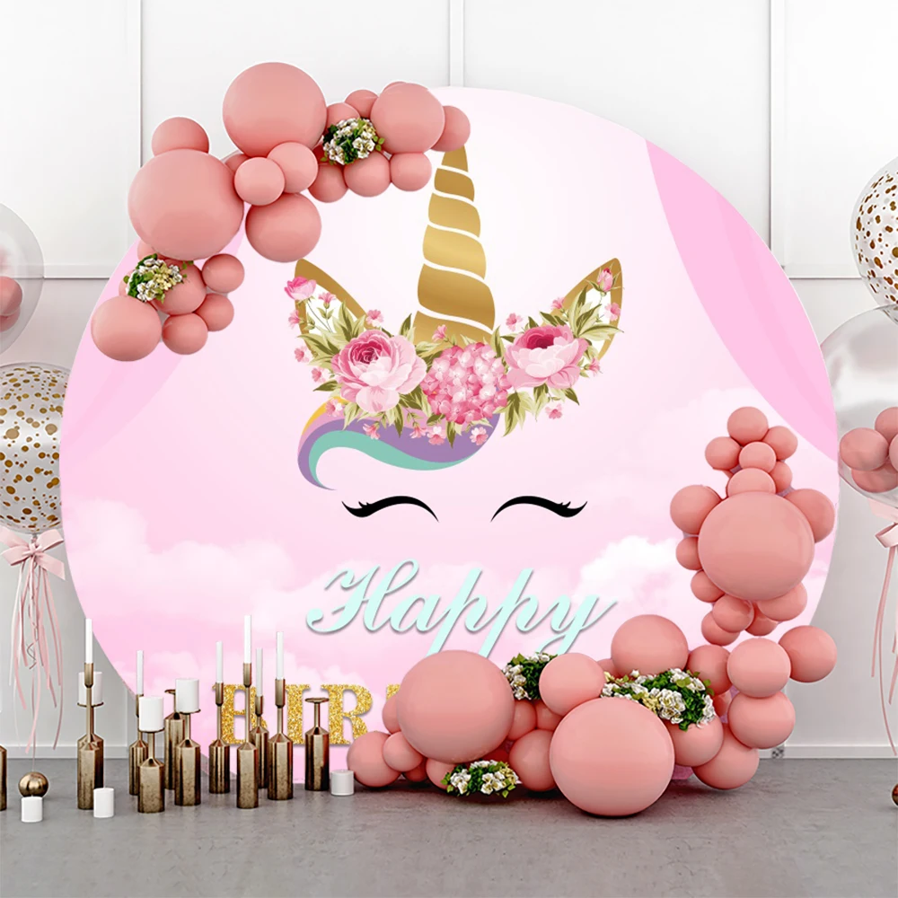 

Laeacco Unicorn Birthday Party Round Background Circle Backdrop Customized Poster Newborn Baby Shower Photo Backdrop Poster