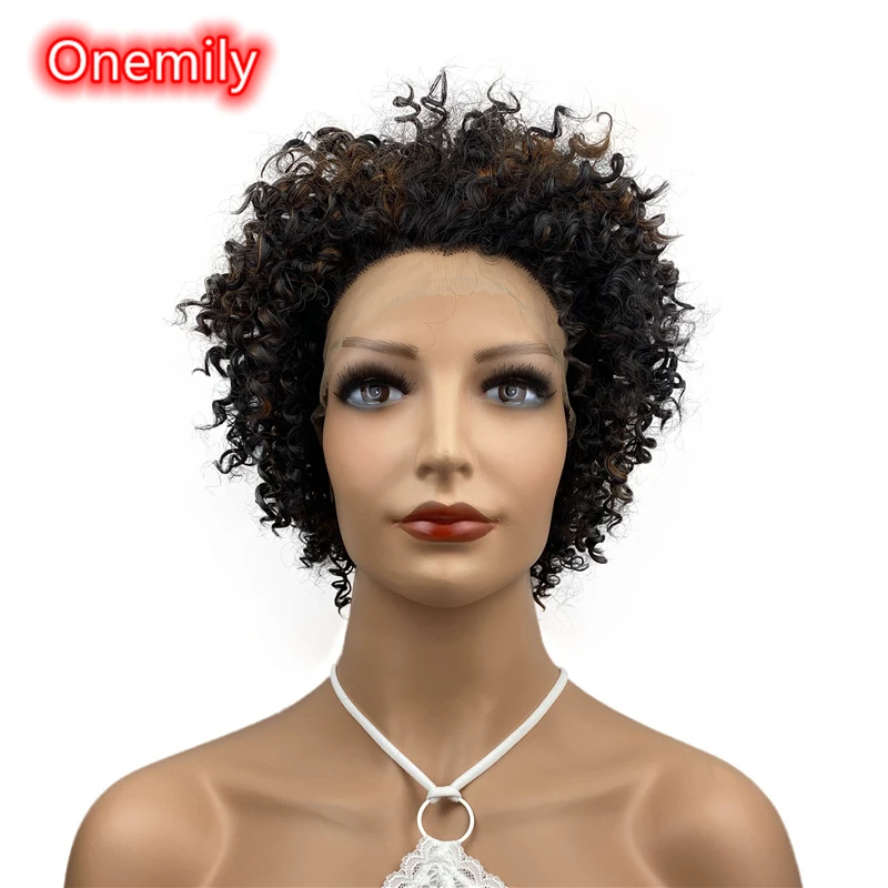 Onemily Short Kinky Curly Hair Lace Front Wigs  for Women Girls Afro Heat Resistant Synthetic Hair Wigs Theme Party Out Fun