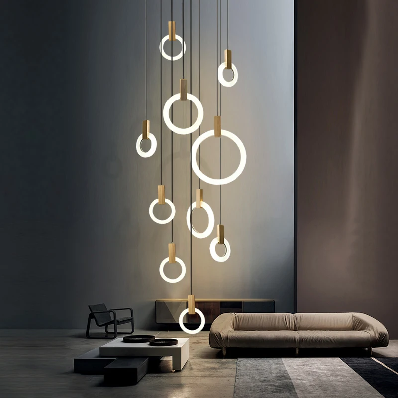 Modern Golden Round Acrylic Led Staircase Chandelier Nordic Art Living Room Staircase Long Hanging Lights Dining Pendant Lamps