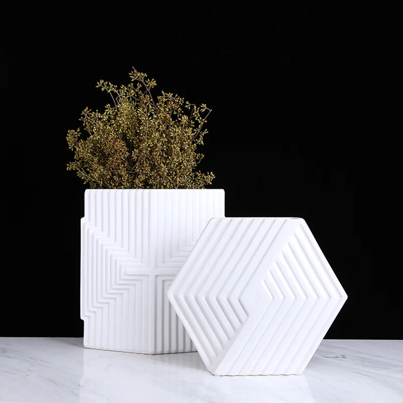

Nordic minimalist ceramic creative stripe square vase fashion home model room villa porch handicraft ornaments