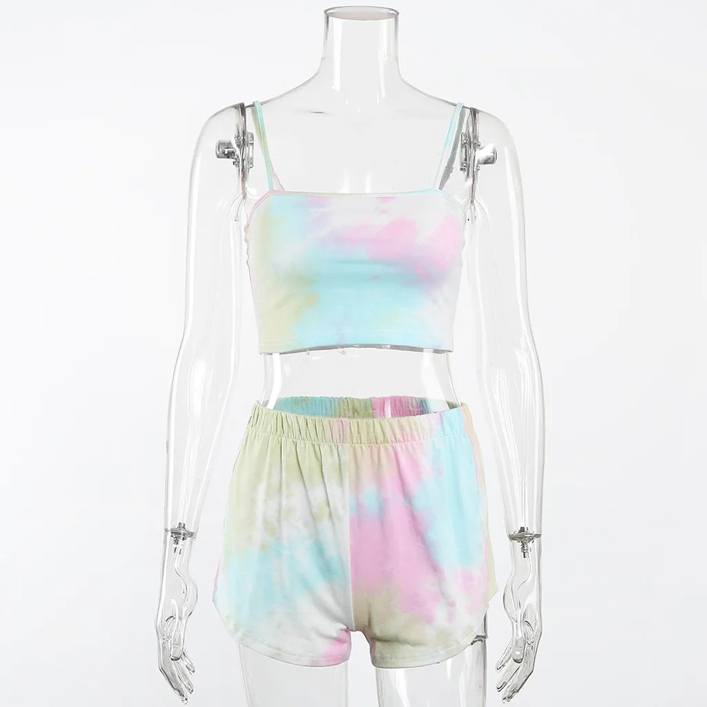

2Piece Set Sleepwear Sexy Spaghetti Strap Shorts Pajamas Suit Ladies Casual Tie-dye Print Female Pajama Shorts Suits Outfits