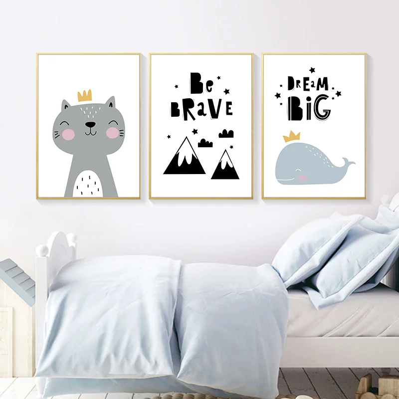 

Wall Art Canvas Painting Cat Whale Child Poster Brave Nursery Quotes Print Decorative Picture Minimalist Baby Kids Bedroom Decor