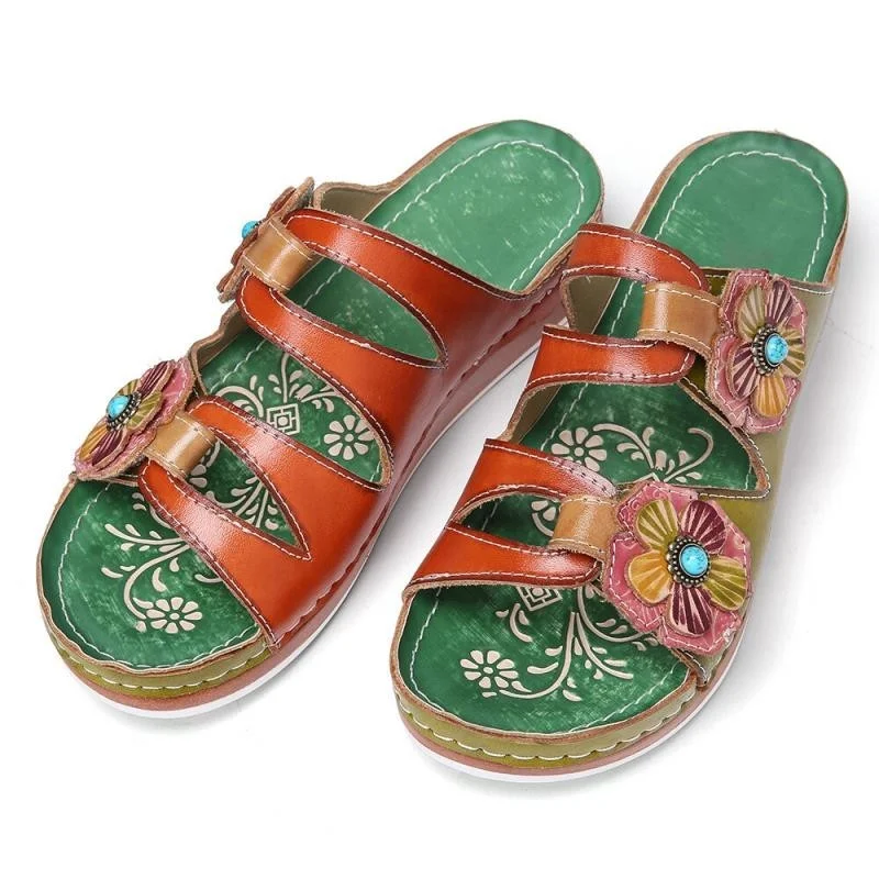 

Summer Open-toe Women's Slippers Fashion Simple Print Vamp Retro All-match Casual Wear Wedge Heel Women's Slippers 2021