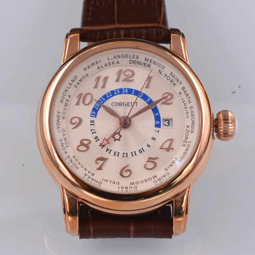 Часы мужские механические с кожаным ремешком и двумя часовыми поясами 43