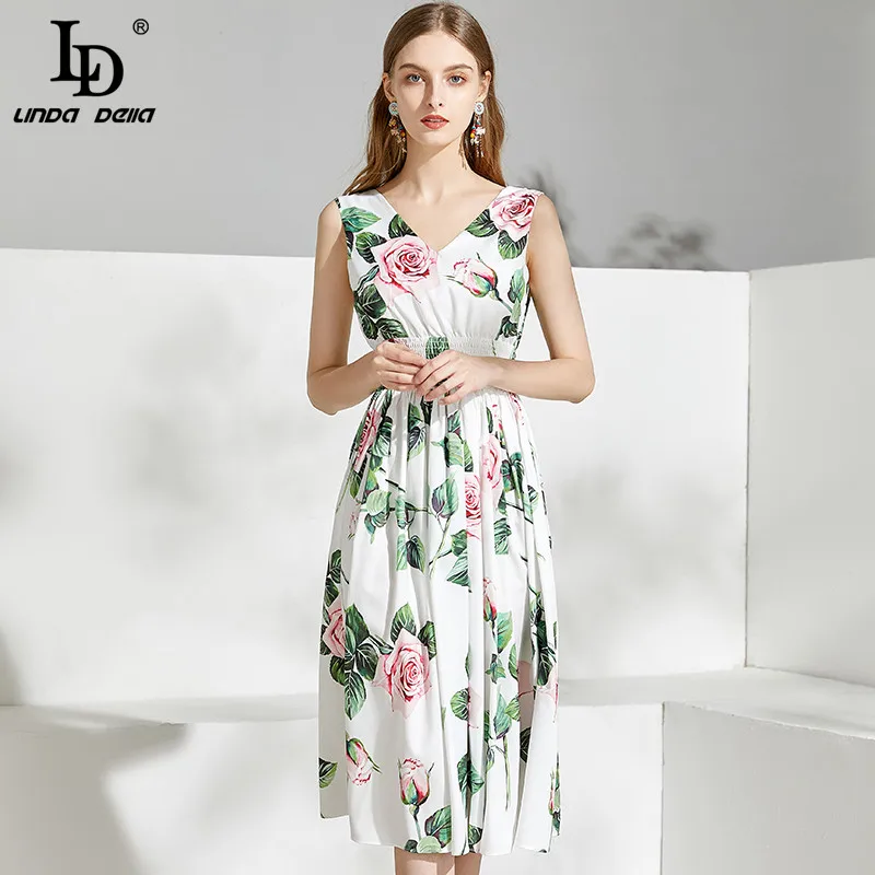 

LD LINDA DELLA 2021 Fashion Runway Summer Dress Women V Neck elastic Waist Rose Floral Print Casual Ladies Midi Dress vestidos