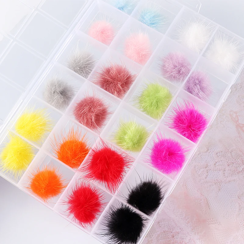 

24 Pcs/Box Magnetic Fluffy Nail Plush Pom Decoration Kit Detachable 12-Color Nail Art Charm 2.7*2.7cm For DIY Manicure Design