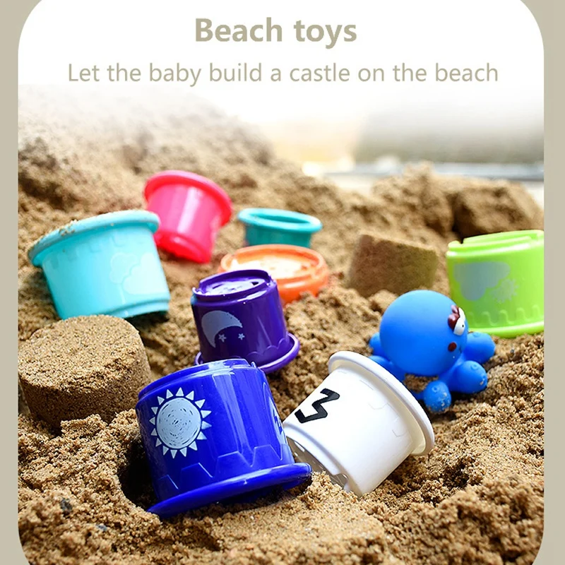 

9Pc Stacking Cups Sound Folding Cups with Numbers and Animals Stacking Cup Toys for Toddlers Early Educational Bath Toys