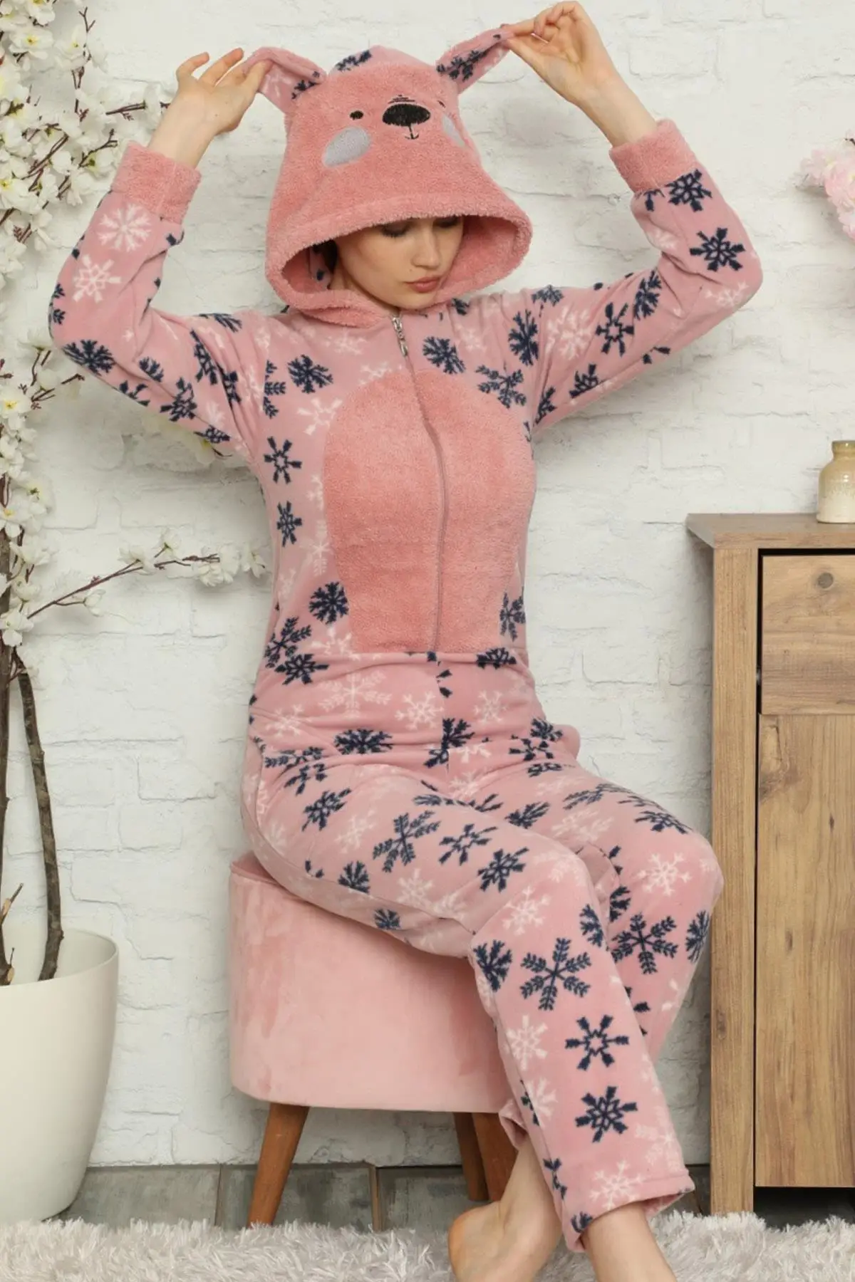Women's Pink Snowflake Pattern Fleece Plush Jumpsuit Sleepwear Turkish Made Stylish Design Welcome Quality Wink Attractive Trend 2021 Style new Fashion