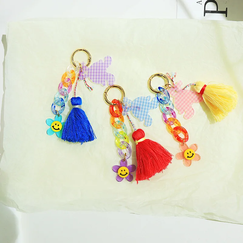 

Creative Diy Tassel Smiling Face Keychain Cartoon Sunflower Small Bear Chain Pendant Keyring Kids Bag Ornaments Gift Accessories