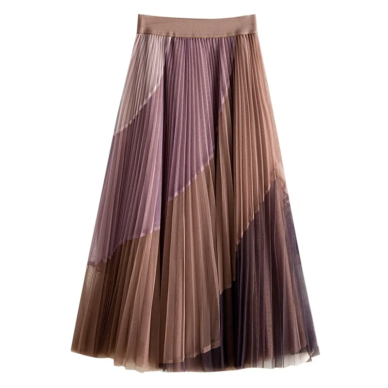 

Mesh skirt skirt 4-color stitching spring and summer fashion pleated elastic elastic waist mid-length a-line large skirt