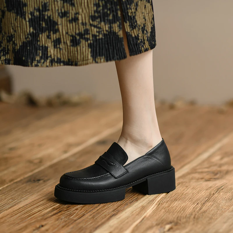 

2022 Spring Platform Shoes Casual Slip-On Loafers Split Leather Round Toe Shoes Woman Chunky Heel Women Shoes Zapatos De Mujer
