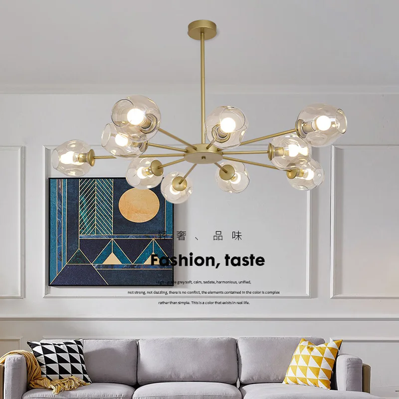 Люстра в скандинавском стиле со стеклянными синими шариками медная Золотая