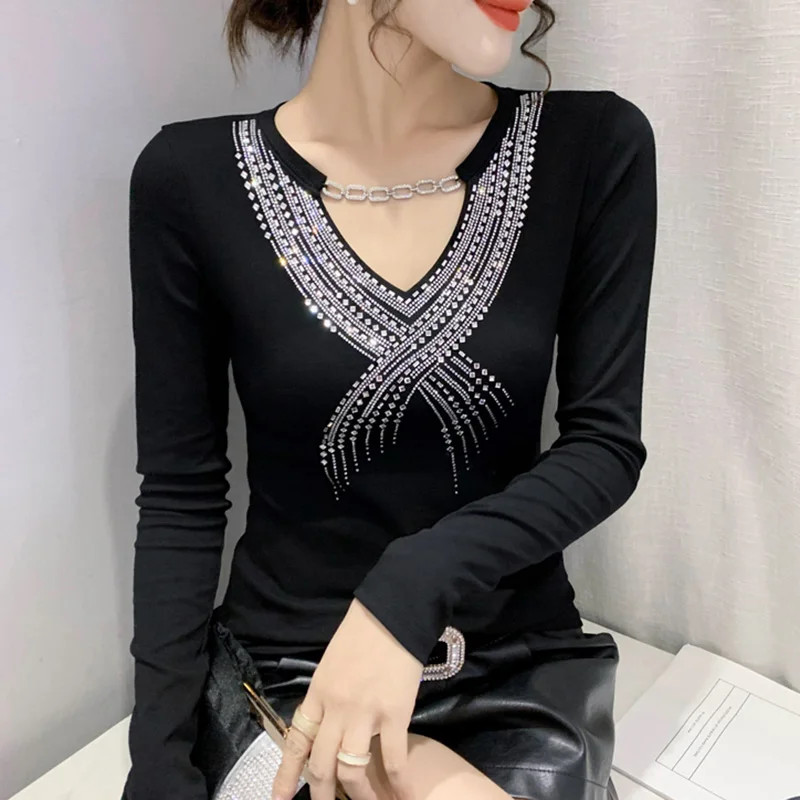 

Women's T-Shirt New 2022 Spring V-Neck Long Sleeved Hot Drilling Mesh Tops Shirt M-3XL Plus Size Female Clothing Blusas