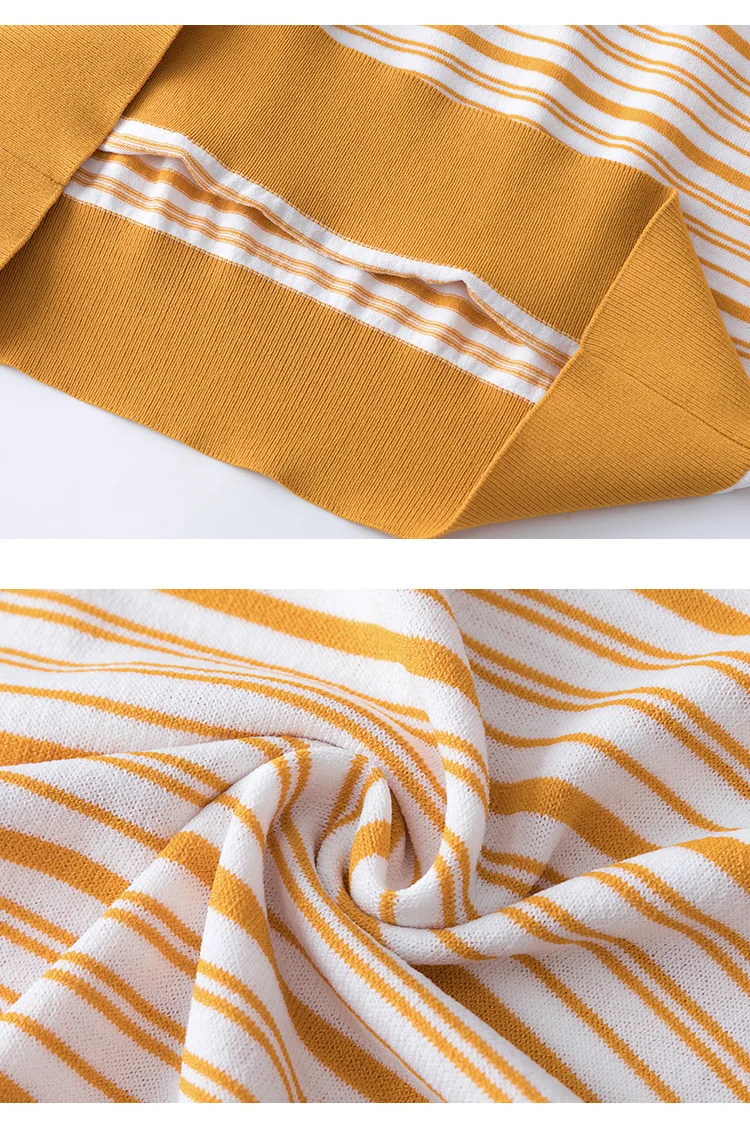

Summer Office Lady Knitted Turn-down Collar Yellow Color Striped Sweater Short Sleeve Slim Thin Women Pullover