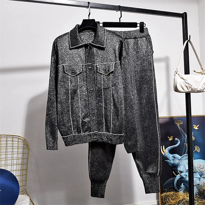 

Осенний Модный черный вязаный спортивный костюм для женщин, 2 шт., яркий Шелковый кардиган, брюки-карандаш, комплект из двух предметов, Женск...