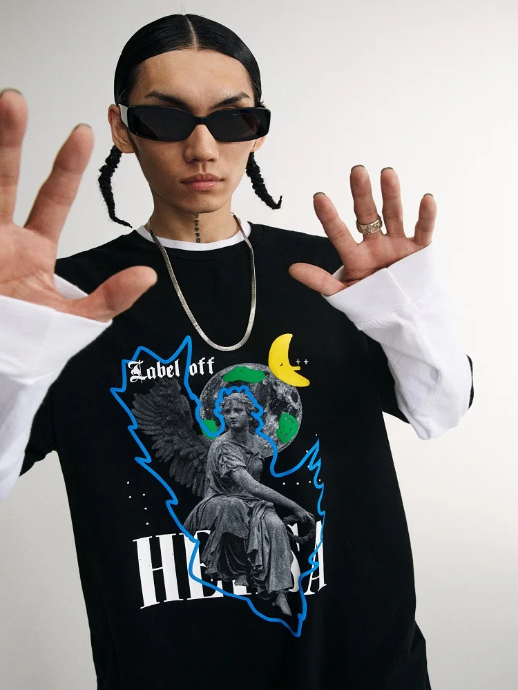 

2021 Summer New Retro Winged Angel Print Loose Short Sleeve T-Shirt Men