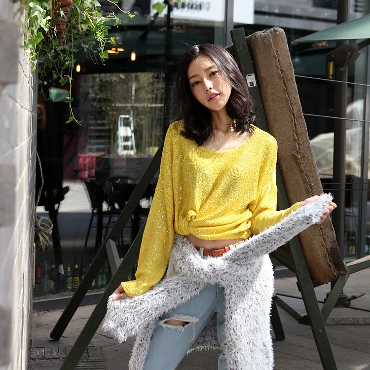 Женские вязаные топы с люрексом SHZQ Cakucool повседневный свободный блестящий