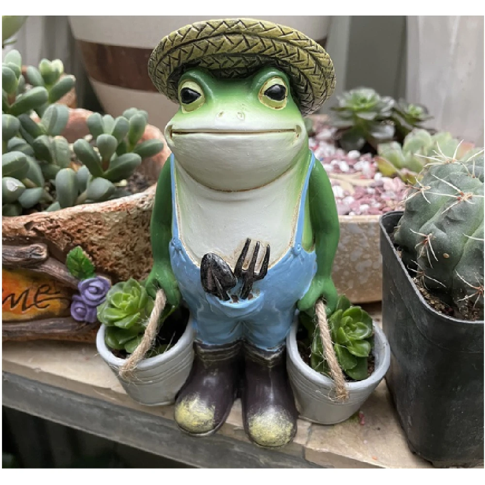 Resin Frog Potted Plants Figurine Statue Funny Animal Sculpture Art Craft Landscaping Outdoor Garden Yard Ornament