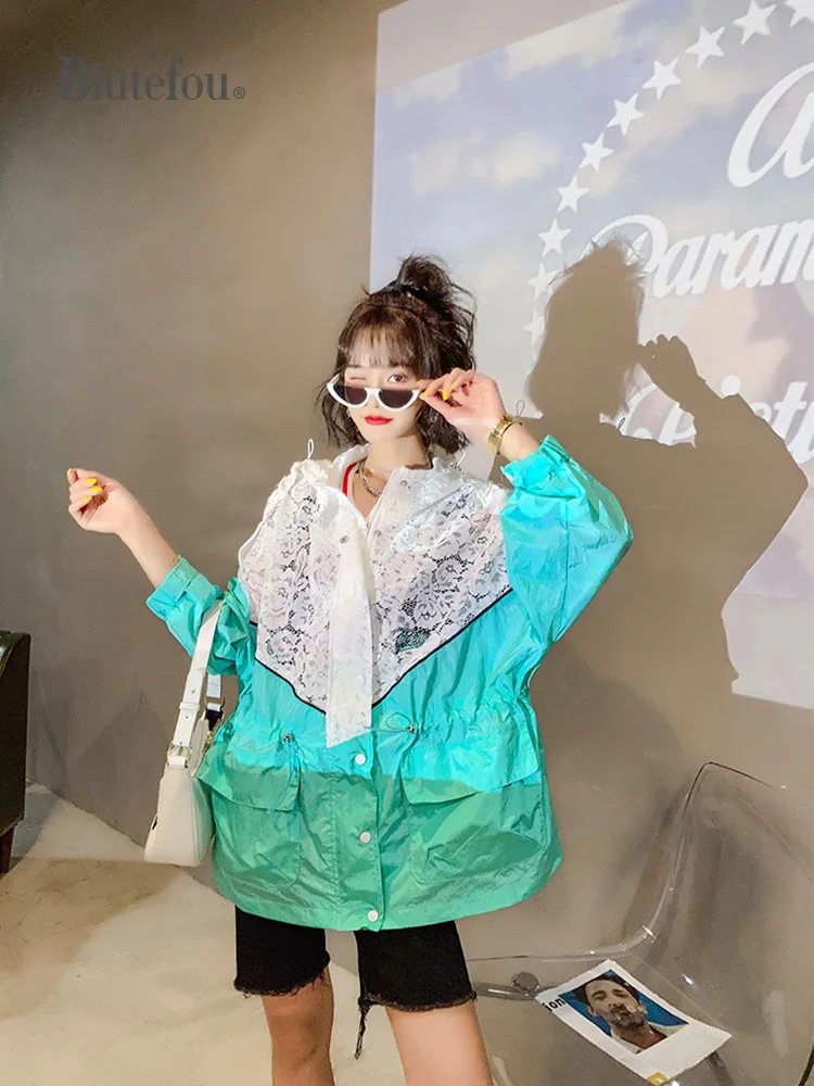 

2021 Summer Women Loose Adjustable Waist Lace Panel Hooded Sun-Proof Coat