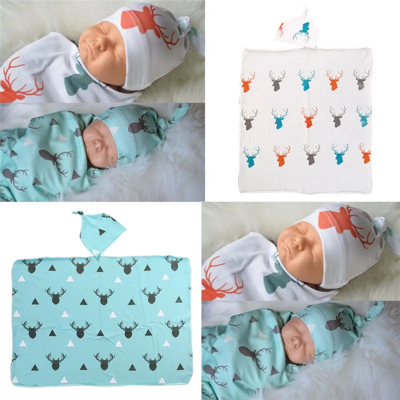 

PUDCOCO Newborn Infant Baby Boy Deer Printed Swaddle Cotton Blanket Boy Coming Home Cotton Bath Towel Muslin Wrap+ Hat 2PCS