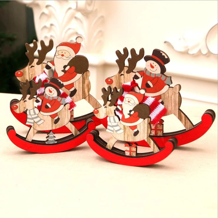 

1PC 2 Sizes Wooden Santa Claus With Deer Christmas Snowman Trojan Pendants Xmas Tree Deer Ornaments Christmas Party Decoration