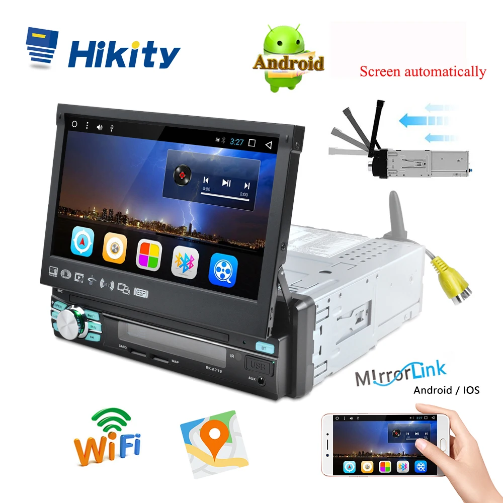Hikity 1 din автомобильный Радио плеер Авто Выдвижной сенсорный экран Android gps Wifi Автомобильный мультимедийный MP5 плеер IOS/Android зеркальная ссылка