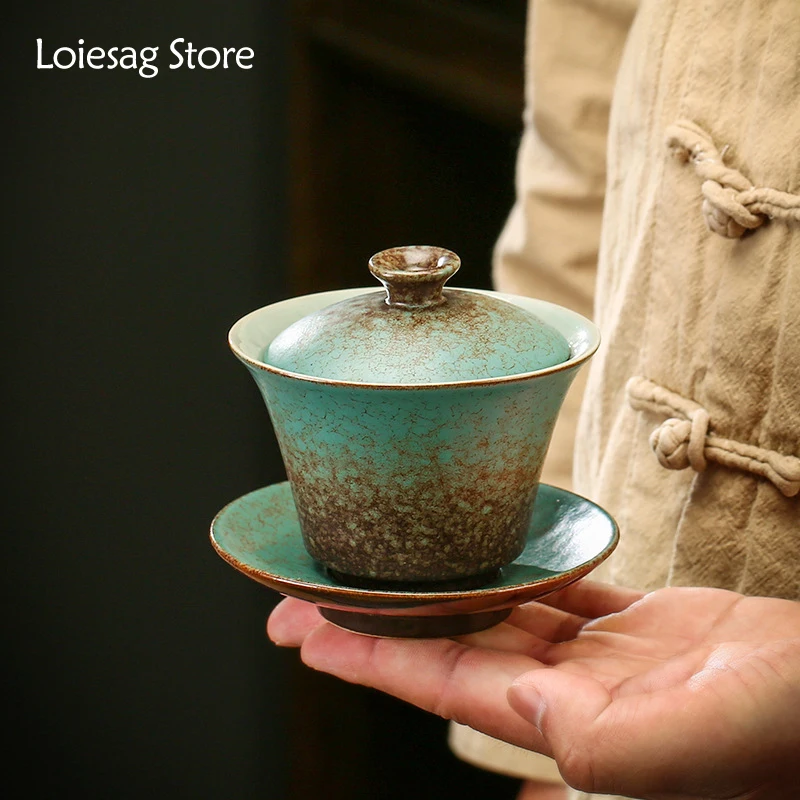 

Loiesag 120ml Peacock Green Sancai Cover Bowl Tea Cup Kiln Change Glaze Antique Black Pottery Tea Bowl Ceramic Kung Fu Tea Set