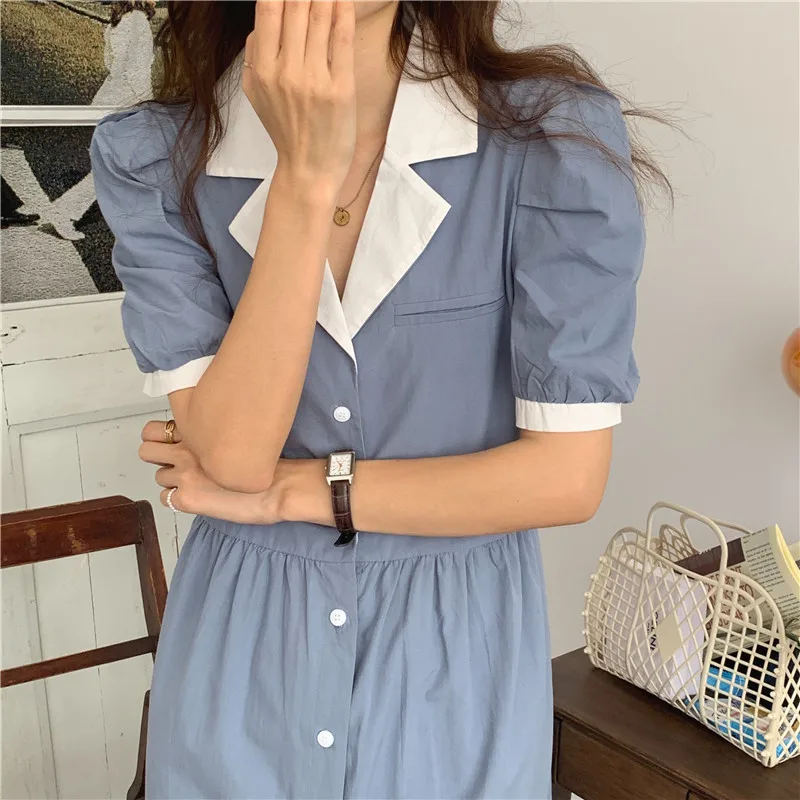 

2021 Summer Women's Shirt Dress Doll Collar Puff Sleeve High Waist Single-Breasted Midi Dress French Sweet Simple Dresses