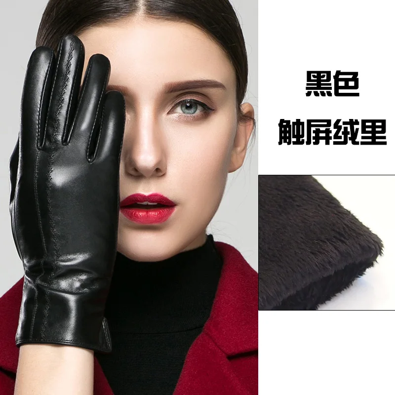 black velvet touch Перчатки из натуральной кожи женские зимние тачскрин могут быть дополнительно бархатные утепленные высококачественные кожаные женские перчатки из козьей кожи K33 - Цвет: black velvet touch