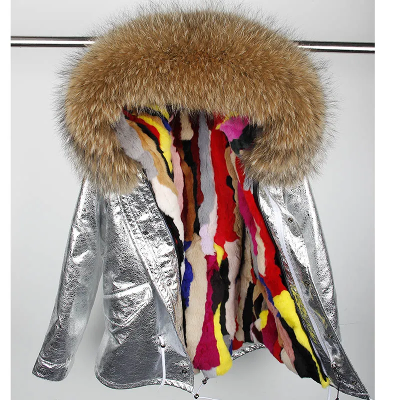 

Парка с подкладкой из кроличьего меха пальто из натурального меха серебристое пальто из искусственной кожи зимняя куртка женская теплая па...