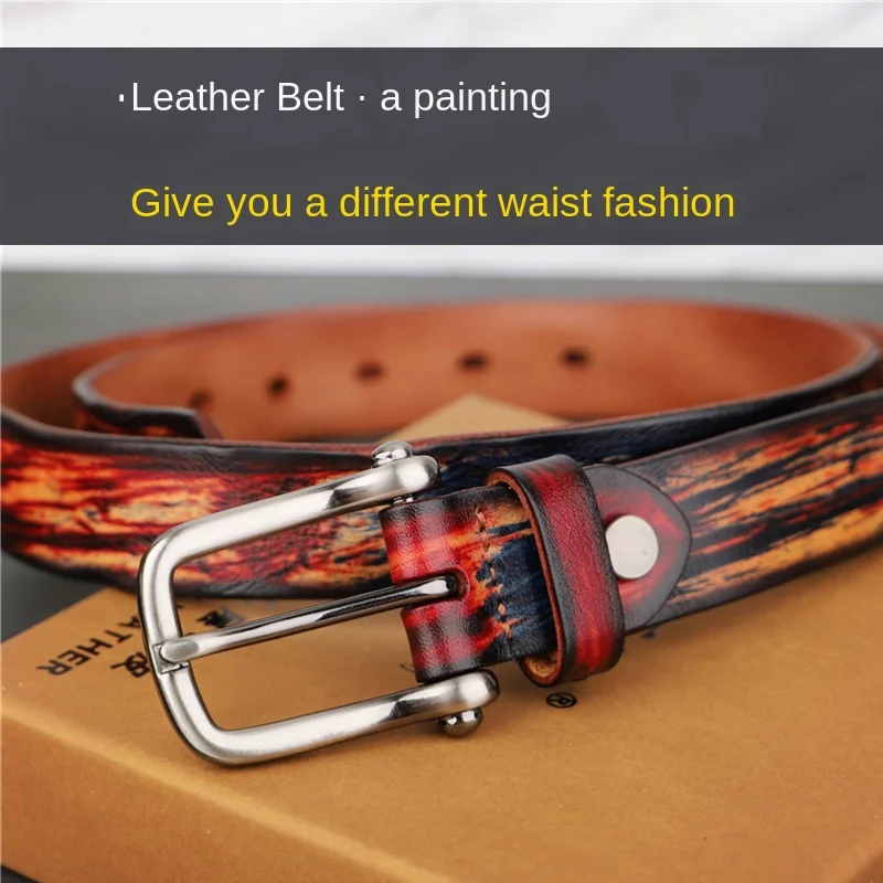 Belts for Women Luxury Designer Brand Casual Fashion Wild Cowhide Color Hand-Painted Ink Retro High Quality