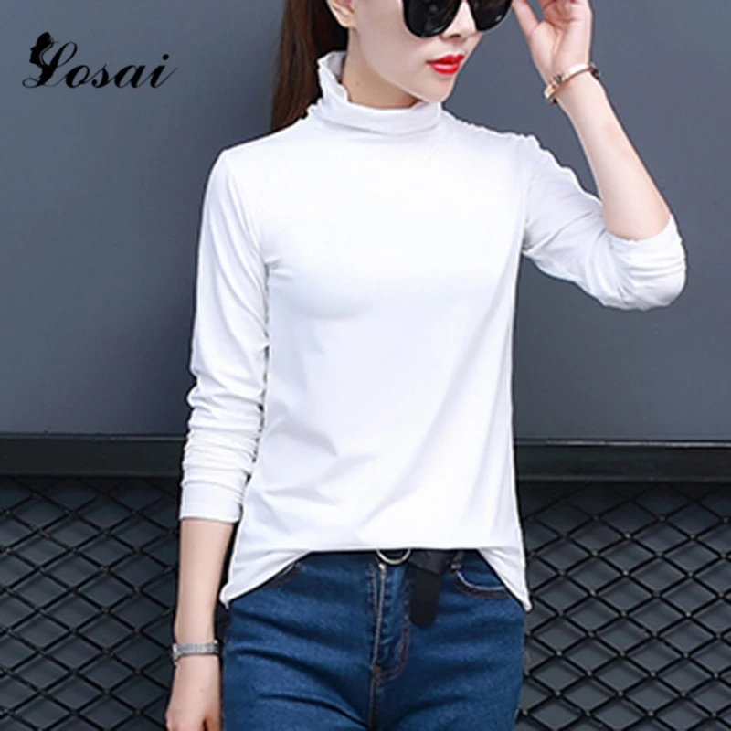 2019 Женская Повседневная футболка с длинным рукавом одноцветная водолазка топы