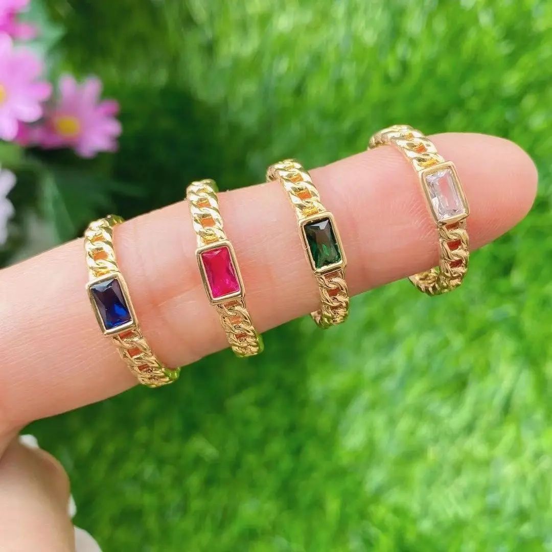 

10Pcs Fashion Gold Curb Link Chain CZ Rings for Women Big Cubic Zircon Open Resizable Jewelry