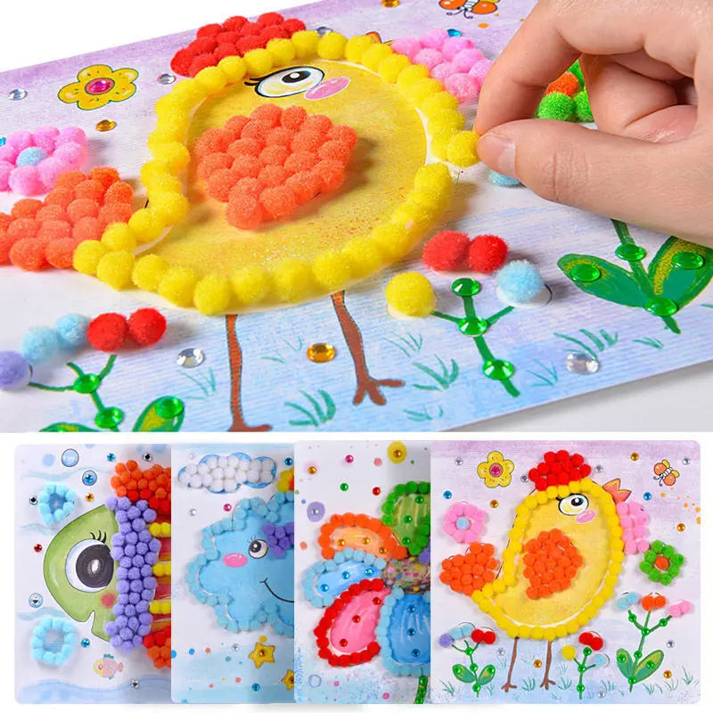 Baby Kids Creative DIY Plush Ball Painting Stickers Children Educational Handmade Material Cartoon Puzzles Crafts Toy