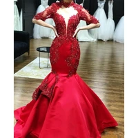 vestios de novia mermaid high neck half sleeves lace appliques bridal gowns sweep train satin red beaded african wedding gowns