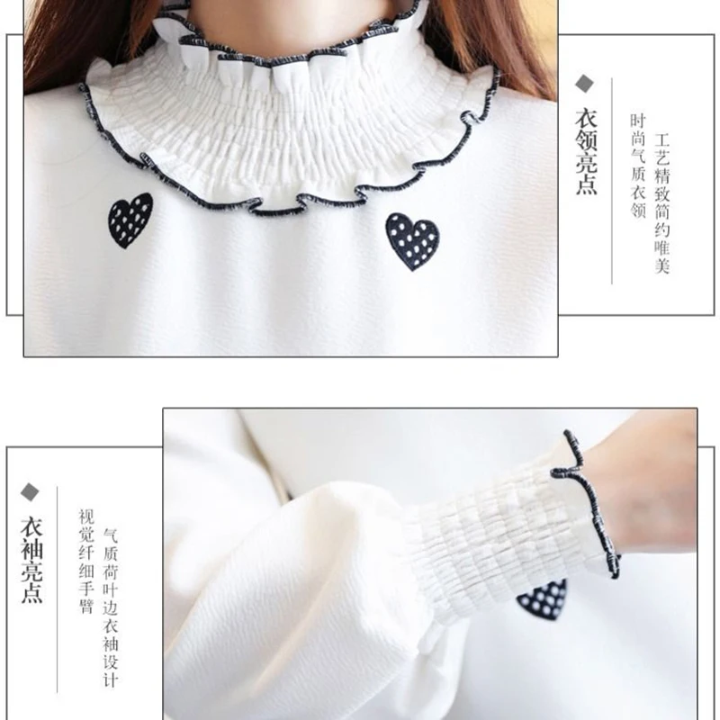 Women Spring Autumn Style Blouses Shirts Lady Casual Long Sleeve Turtleneck Heart Embroidery Blusas Tops DF3140 | Женская одежда