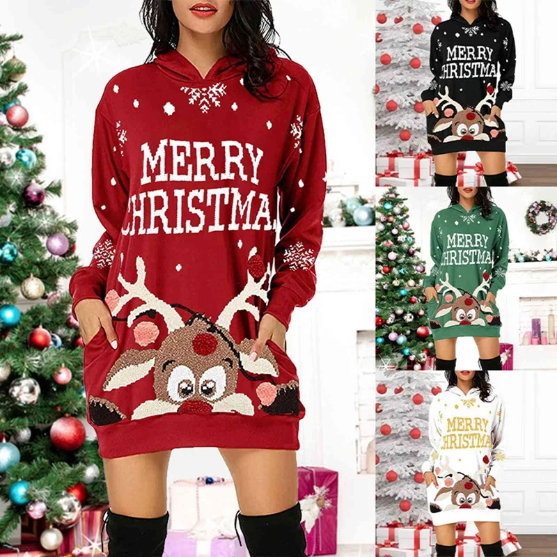 

Christmas Long Hoodie-Women's Fashion Christmas Hoodie Bag Hip Pocket Print Hoodie Fashion Dress Ladies Christmas Sweater
