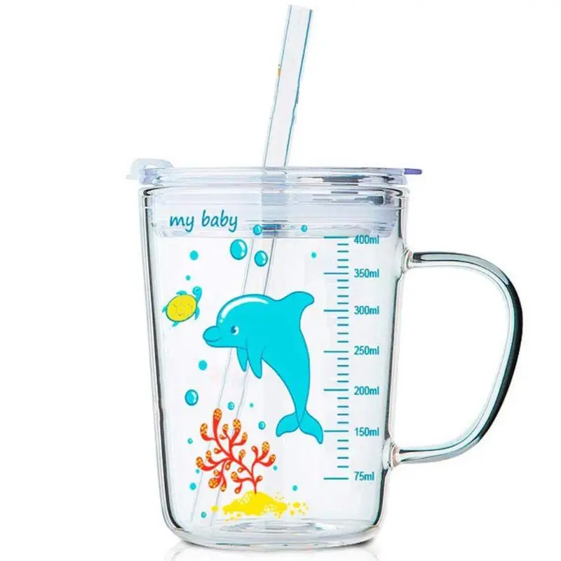 

1Set Children Cartoon Milk Cup with Straw Transparent Scale Glass Cup for Kids