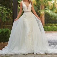 glamorous wedding dress with detachable train sexy v neck sleeveless appliqued lace beads bridal gown sweep train robe de mari%c3%a9e