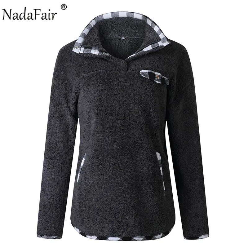 Осень зима 2019 повседневные женские толстовки Nadafair Свитшот в клетку с карманами