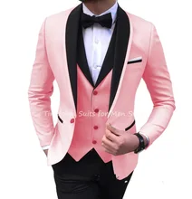 3Pcs Pink Jacket Black Pants Vest Custom Made Shawl Lapel Blazer Trousers Groomsmen Wedding Suits Sets Coat+Pants+Tie+Waistcoat (2)