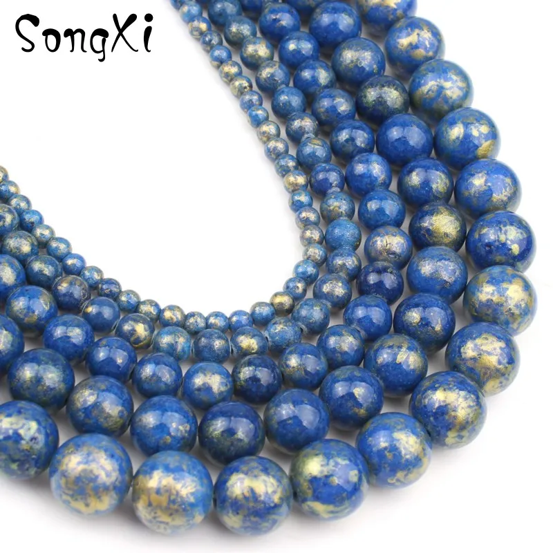 Бусины из нефрита бусины натурального камня темно-синего и золотого цвета