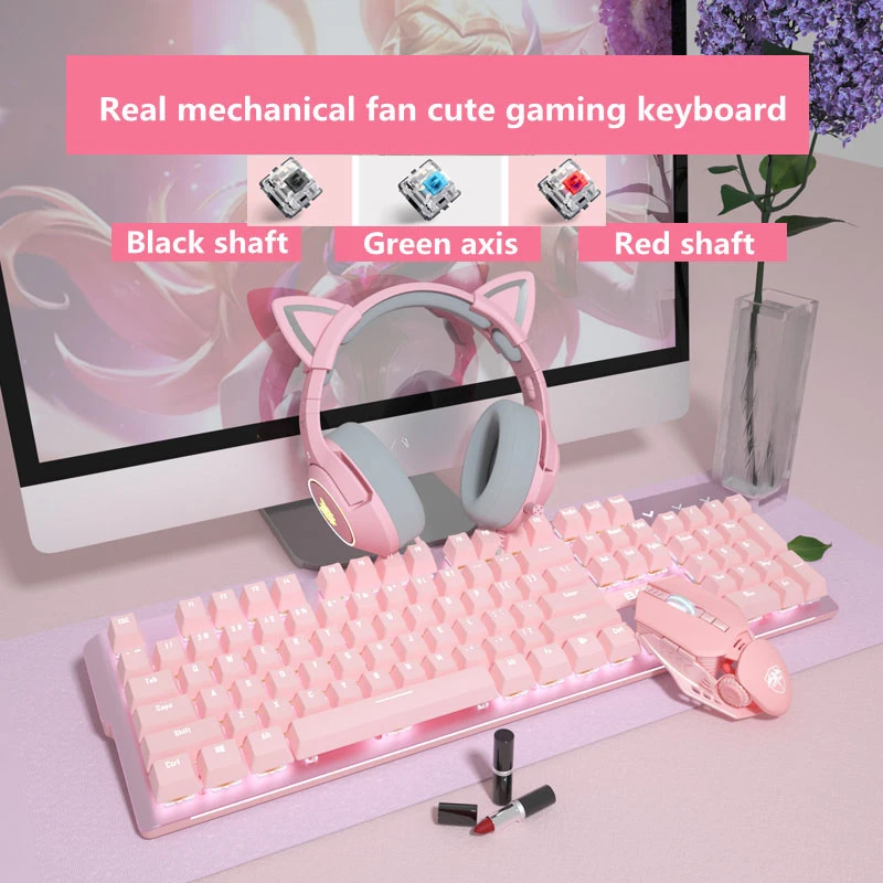 

New girly pink gaming mechanical wired keyboard 104-key USB interface white backlight is suitable for gamers PC laptops