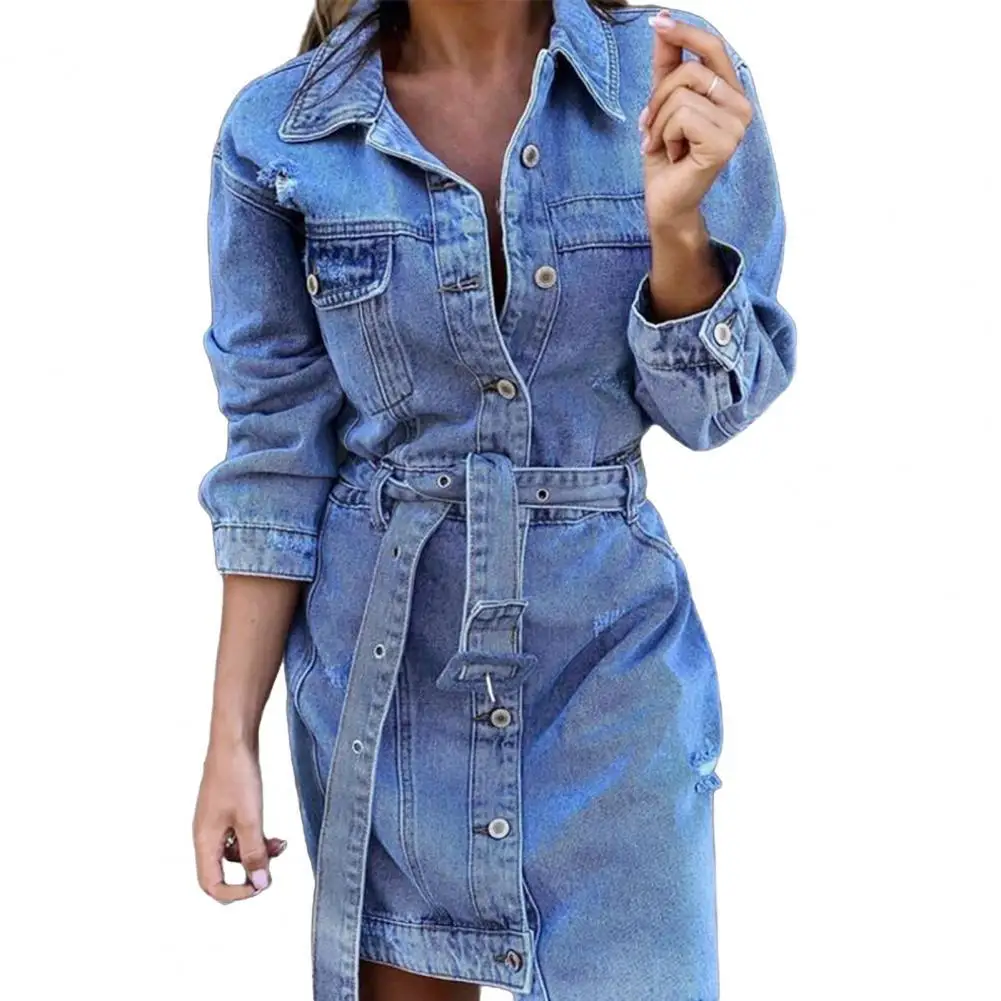

2021 Spring Autumn Casual Women Denim Dress Jeans Single-breasted Belt Lapel Pockets Irregular Hem Ripped Jeans Dress for Women