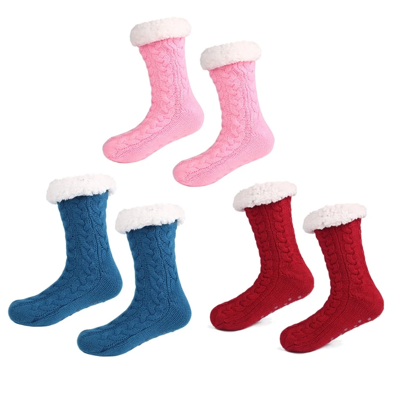 

3 Pairs Winter Socks Thermal Fleece Lining Fuzzy Warm Indoor Home Slipper Socks T4MD